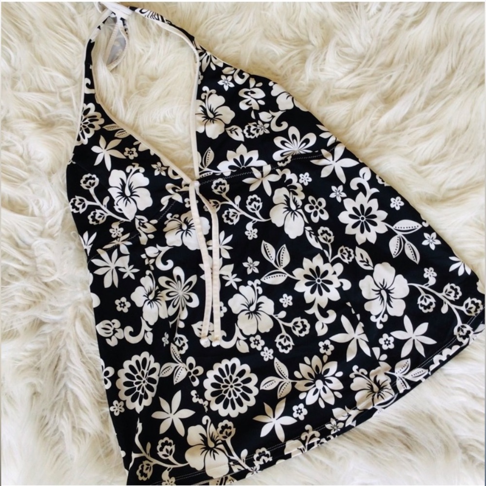 Motherhood Halter Tankini Swim Top Size Medium Black & White Hibiscus